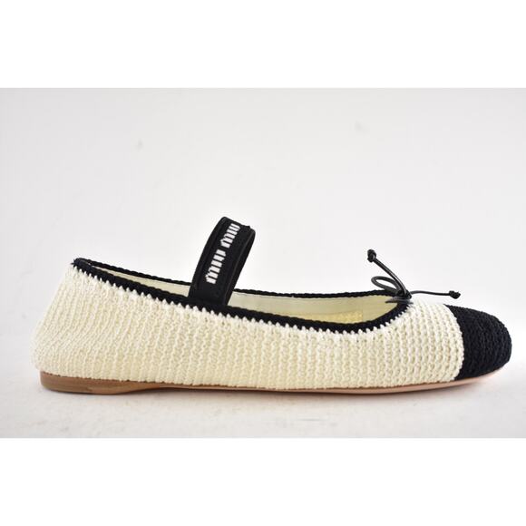 Miu Miu Crochet Knit Black White Bicolor Logo Strap Ballet Ballerina Flats 42 - Picture 2 of 16